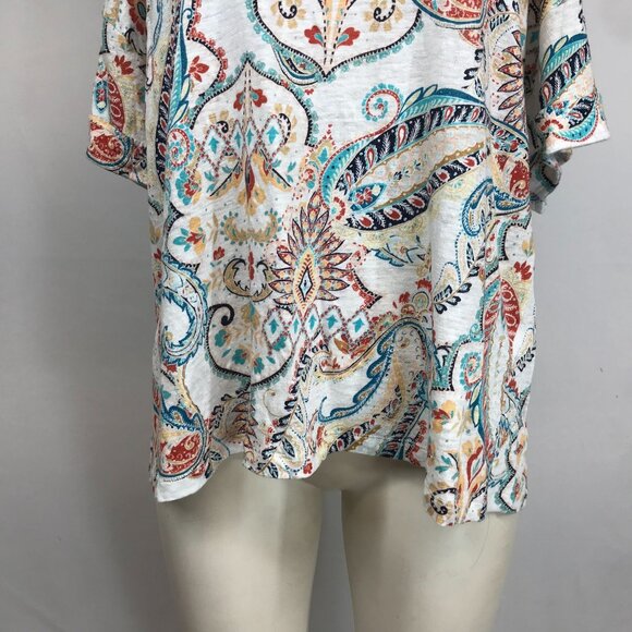 CHICO'S- WOMEN'S 3/XL - WHITE PAISLEY SHORT SLEEVE ROUND NECK LINEN TOP SHIRT - Picture 3 of 8